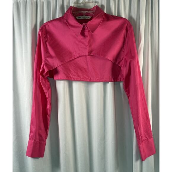 Zara Cropped Poplin Long Sleeve Shirt, Pink Fuchsia, Sz: L, 83-38 - Picture 1 of 12